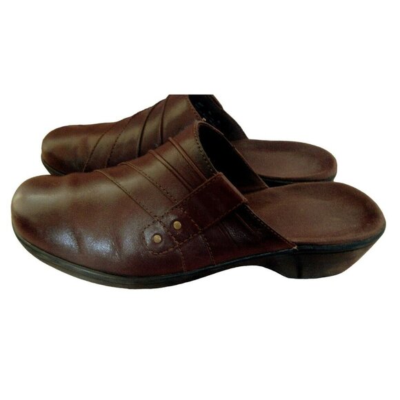 Clarks May Flower Leather Slip On Dark Brown Top Stitched Clogs Shoes Sz 9 M - Picture 6 of 9